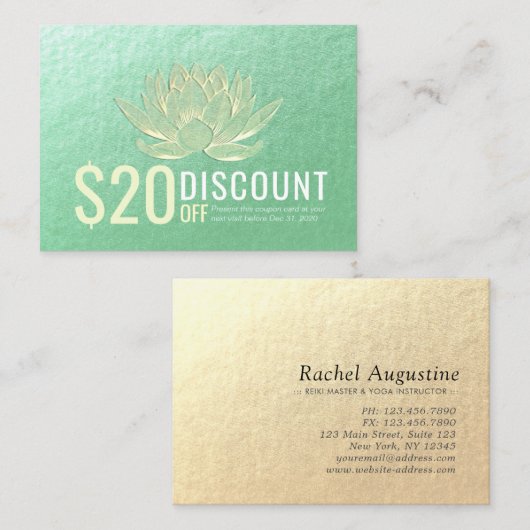 YOGA瞑想割引クーポンロイヤリティ金ゴールドロータス 割引カード (正面/裏面)
