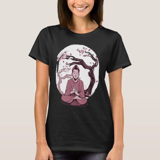 Yoga cherry blossom tree meditate Japanese writing Tシャツ (正面)