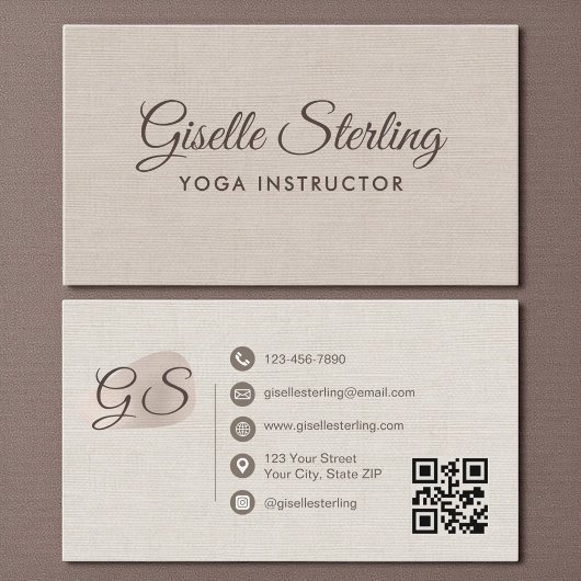 Yoga Instructor Beige Linen Elegant QR Code 名刺