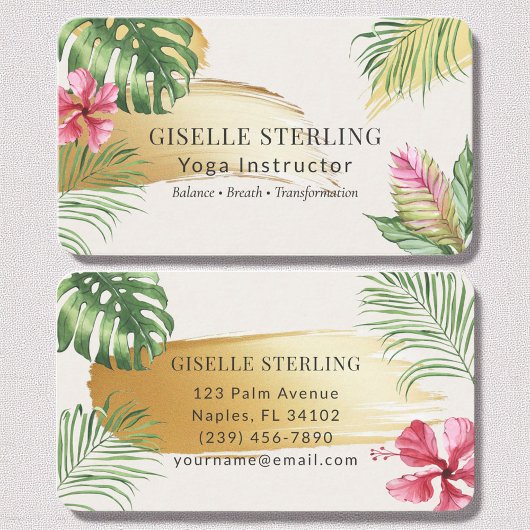 Yoga Instructor Tropical Gold Brushed Watercolor 名刺