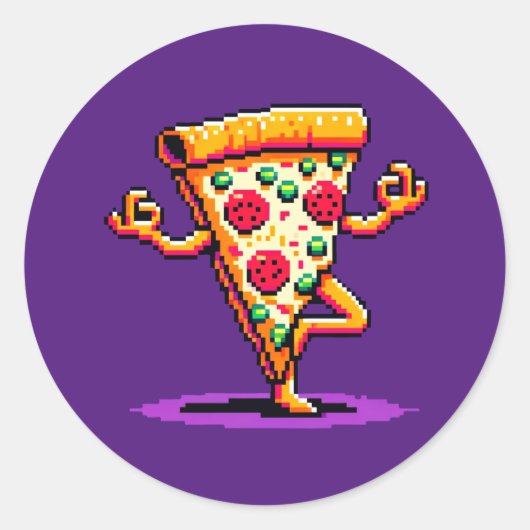 Yoga Pizza: 8ビットスライスinポーズピクセユーモアのあるルアート ラウンドシール (正面)