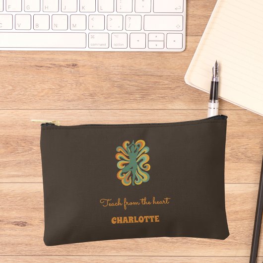 Yoga pose retro swirls name slogan taupe brown アクセサリーポーチ