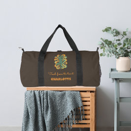 Yoga pose retro swirls name slogan taupe brown ダッフルバッグ