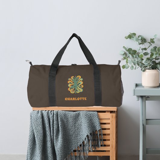 Yoga pose retro swirls name taupe brown ダッフルバッグ