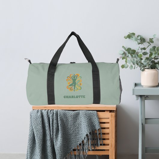 Yoga pose swirls green orange name retro ダッフルバッグ