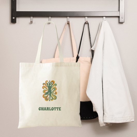 Yoga pose swirls green orange name retro トートバッグ