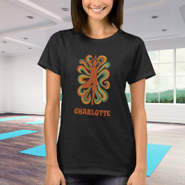 Yoga pose swirls retro green orange name tシャツ
