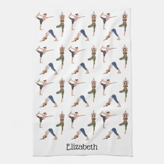 Yoga Poses Colorful Workout Pattern With Name キッチンタオル (縦)