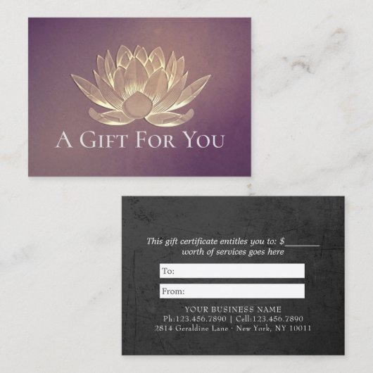 YOGA Studioインストラクターギフト証明書金ゴールドロータス 割引カード (正面/裏面)