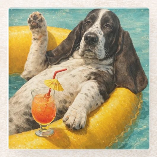Yogi the Basset Hound Chilling at the Pool ガラスコースター (正面)