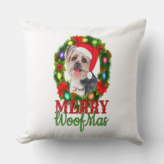 YORKIE CHRISTMAS MERRY WOOFMAS Dog Lover Yorkshire クッション (正面)