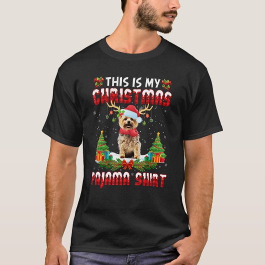 Yorkie Christmas Pajama Santa Hat Yorkie Xmas Ligh Tシャツ (正面)