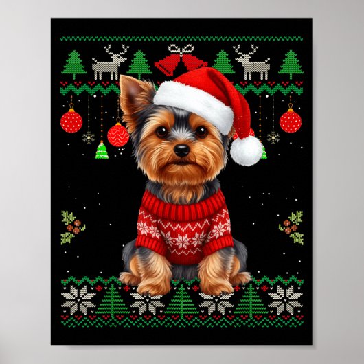 Yorkie Dog Christmas Wearing Ugly Christmas Sweate ポスター (正面)