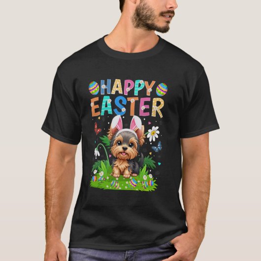 Yorkie Dog Happy Easter Egg Hunt Bunny Ear Easter  Tシャツ (正面)