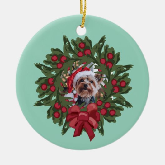 Yorkie Wreath Christmas Ornament セラミックオーナメント (正面)