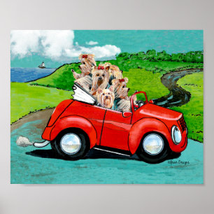 Yorkies in Red Convertible Canvas Art Print ポスター