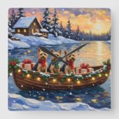 Yorkipoo Christmas Boat Holiday スクエア壁時計 (正面)