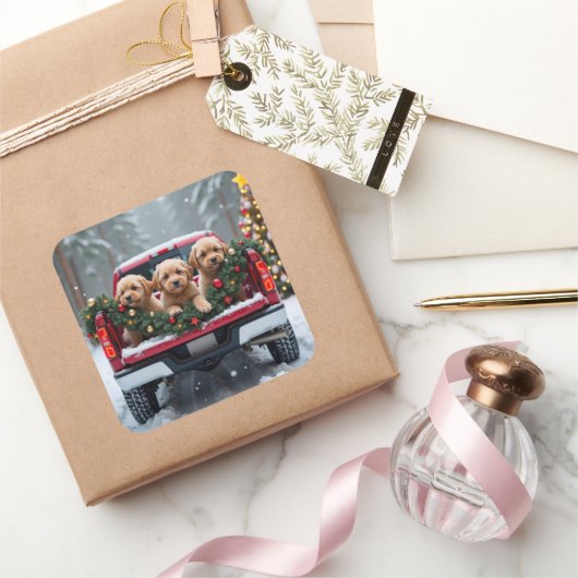 Yorkipoo Christmas Red Truck Holiday Gift スクエアシール (ギフト)