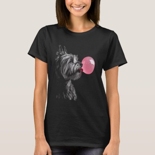 Yorkshire Terrier Blowing Bubble Gum Pink Tシャツ (正面)