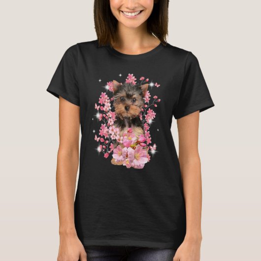 Yorkshire Terrier Cherry Blossom Flowers Tシャツ (正面)