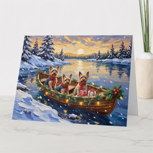 Yorkshire Terrier Christmas Boat Holiday カード (正面)