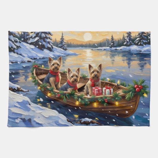 Yorkshire Terrier Christmas Boat Holiday キッチンタオル (横)