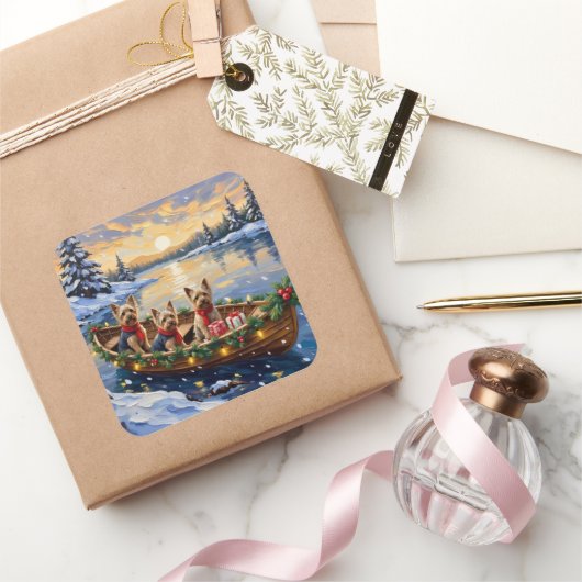 Yorkshire Terrier Christmas Boat Holiday スクエアシール (ギフト)