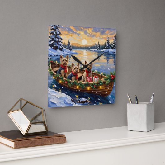 Yorkshire Terrier Christmas Boat Holiday スクエア壁時計 (オフィス)