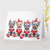 Yorkshire Terrier Christmas Dress Santa Hat カード (黄色い花)