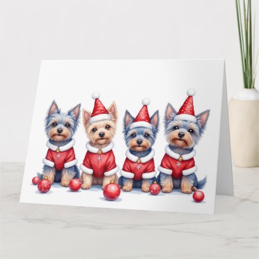 Yorkshire Terrier Christmas Dress Santa Hat カード (正面)