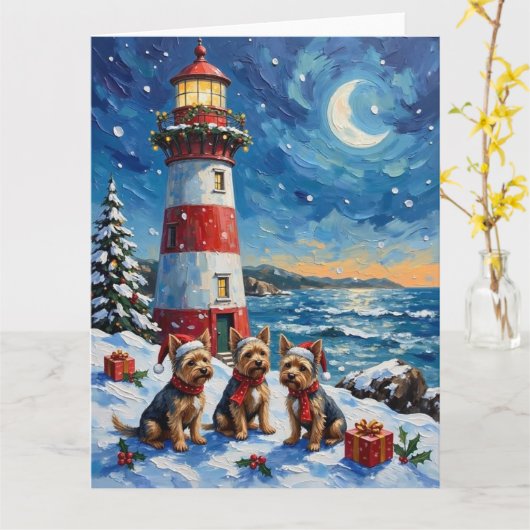Yorkshire Terrier Christmas Lighthouse Holiday カード (黄色い花)