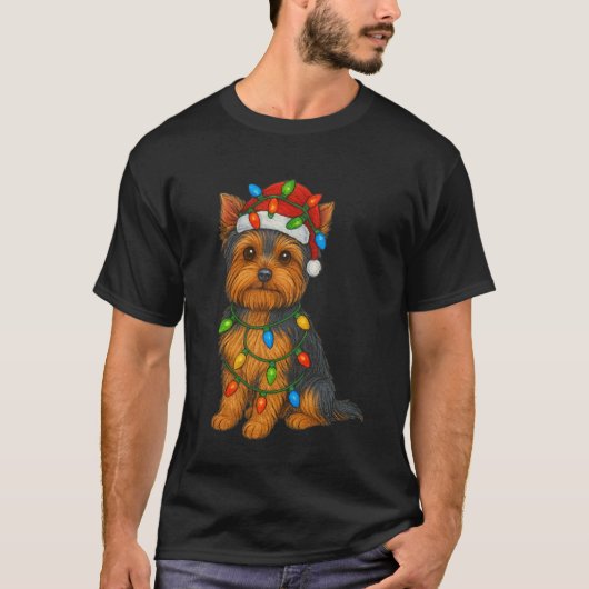 Yorkshire Terrier Christmas Lights Dog Lover Xmas  Tシャツ (正面)
