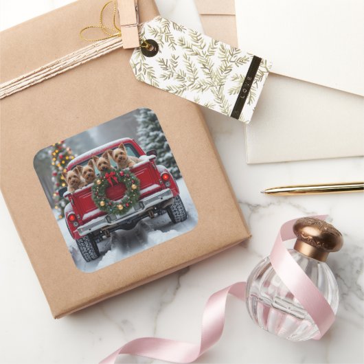 Yorkshire Terrier Christmas Red Truck Holiday Gift スクエアシール (ギフト)