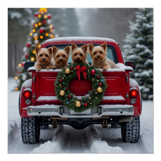 Yorkshire Terrier Christmas Red Truck Holiday Gift ポスター (正面)