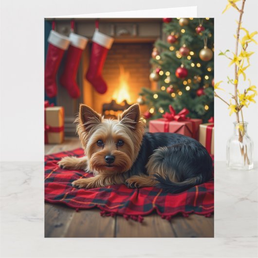 Yorkshire Terrier Cozy Christmas Evening Painting カード (黄色い花)