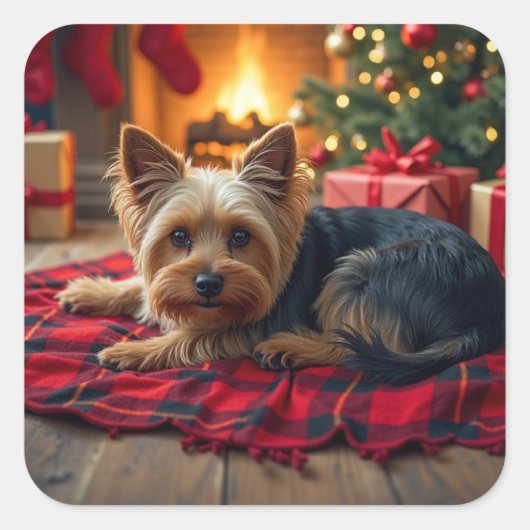 Yorkshire Terrier Cozy Christmas Evening Painting スクエアシール (正面)