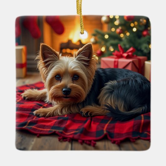 Yorkshire Terrier Cozy Christmas Evening Painting セラミックオーナメント (正面)