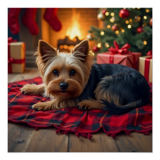 Yorkshire Terrier Cozy Christmas Evening Painting ポスター (正面)