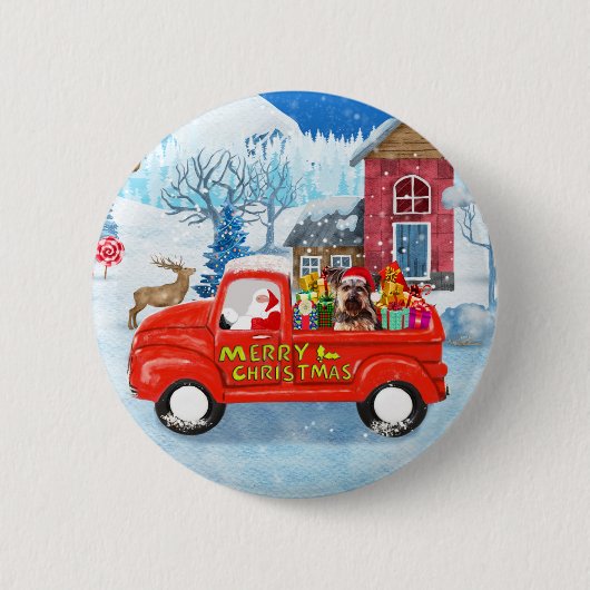 Yorkshire Terrier Dog Christmas Delivery Truck 缶バッジ (正面)