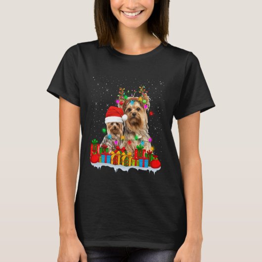 Yorkshire Terrier Dog Christmas Lights Reindeer Sa Tシャツ (正面)