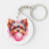 Yorkshire Terrier Dog w Pink Bubblegum Watercolor キーホルダー (裏面)