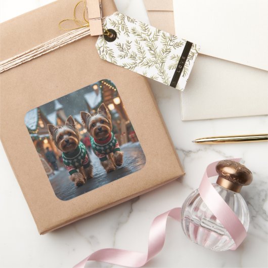 Yorkshire Terrier Dogs Christmas Snow Holiday スクエアシール (ギフト)