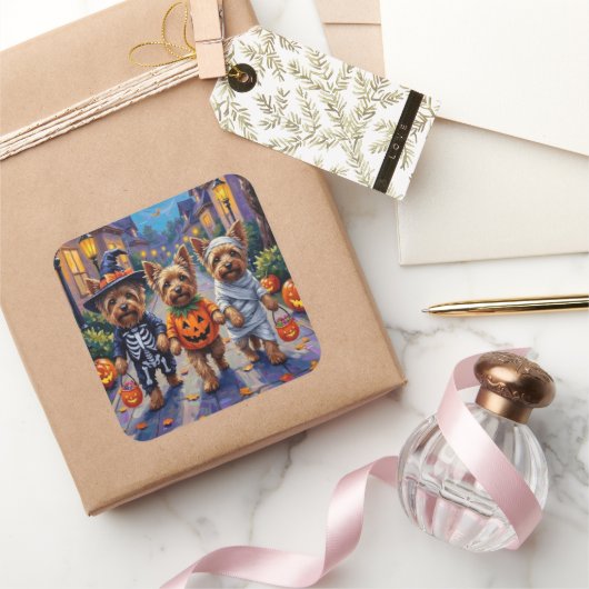 Yorkshire Terrier Dogs in Halloween Costumes スクエアシール (ギフト)