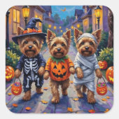 Yorkshire Terrier Dogs in Halloween Costumes スクエアシール (正面)
