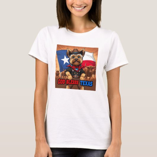 Yorkshire Terrier God Bless Texas Tシャツ (正面)