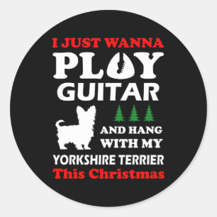 Yorkshire Terrier I Just 遊 Want Guitarクリスマス ラウンドシール
