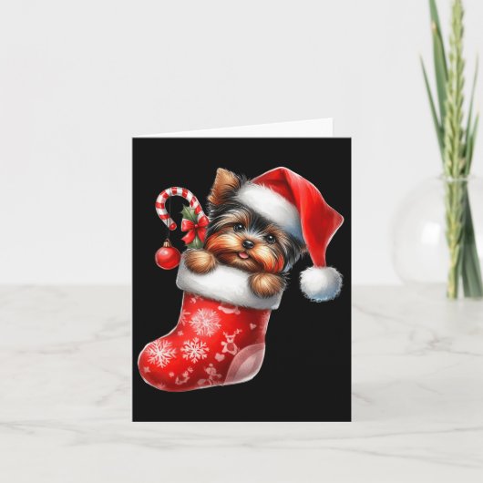 Yorkshire Terrier In Sock Christmas Santa Hatクリスマス カード (正面)