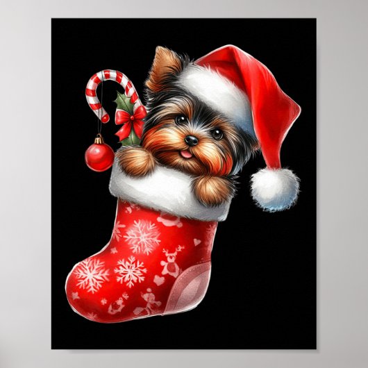 Yorkshire Terrier In Sock Christmas Santa Hatクリスマス ポスター (正面)