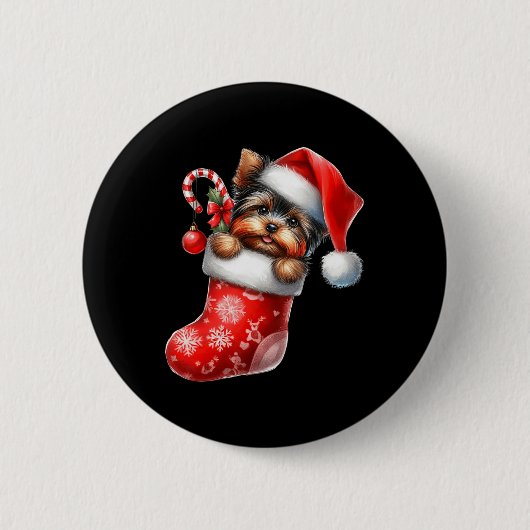 Yorkshire Terrier In Sock Christmas Santa Hatクリスマス 缶バッジ (正面)