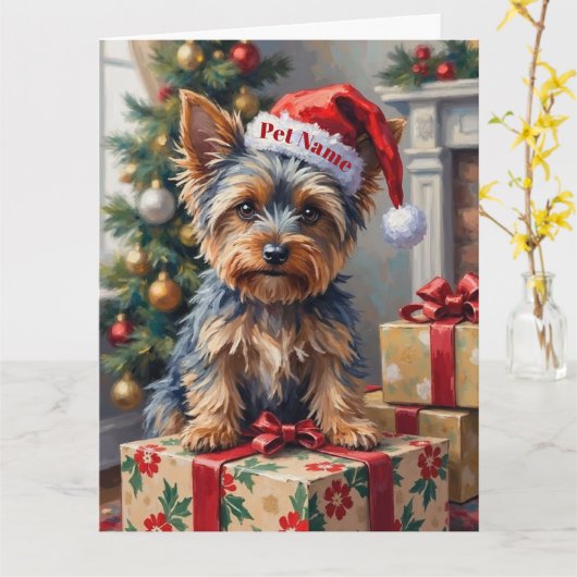 Yorkshire Terrier on Presents with Santa Hat カード (黄色い花)